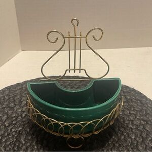 Vintage Miramar Green pottery small planter with Gold music harp Wire Holder